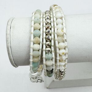 Victoria Emerson White Wrap Bracelet Muted Neutral Teal Stone And Silver Beads